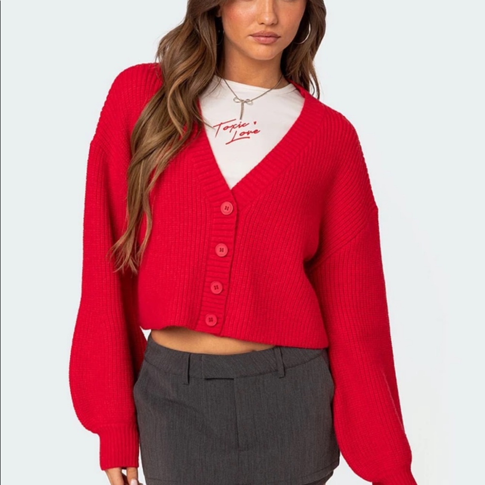 Edikted Red Cropped V-Neck Button Cardigan